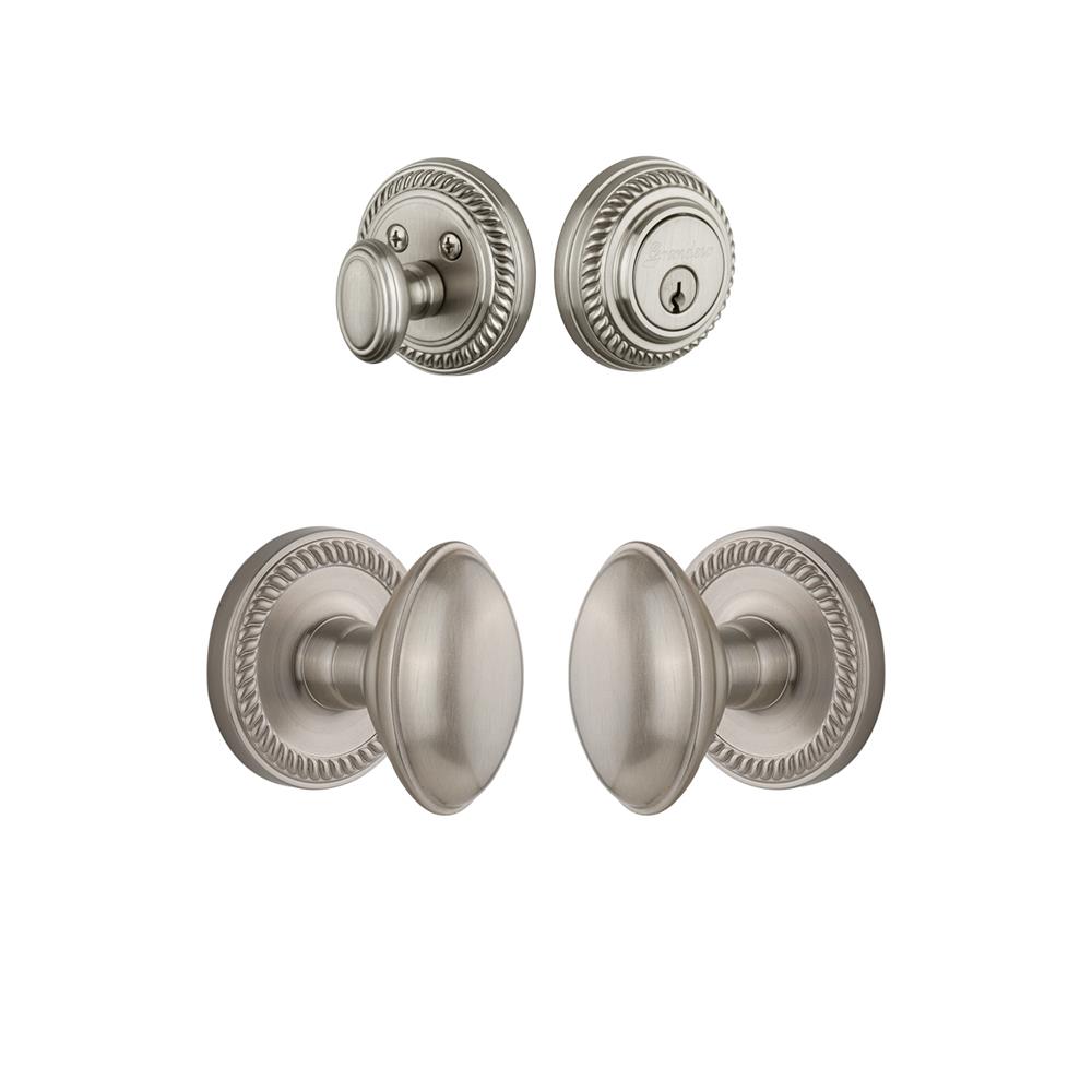 Grandeur by Nostalgic Warehouse Single Cylinder Combo Pack Keyed Differently - Newport Rosette with Eden Prairie Knob and Matching Deadbolt in Satin Nickel